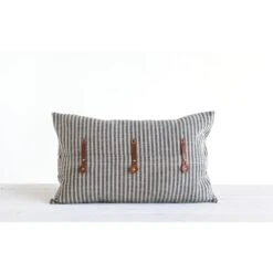 3R Studios Black And Beige Striped Cotton Ticking With Leather Accents 20 In. X 12 In. Throw Pillow -Tool Discount Store 3r studios throw pillows df1781 4f 1000