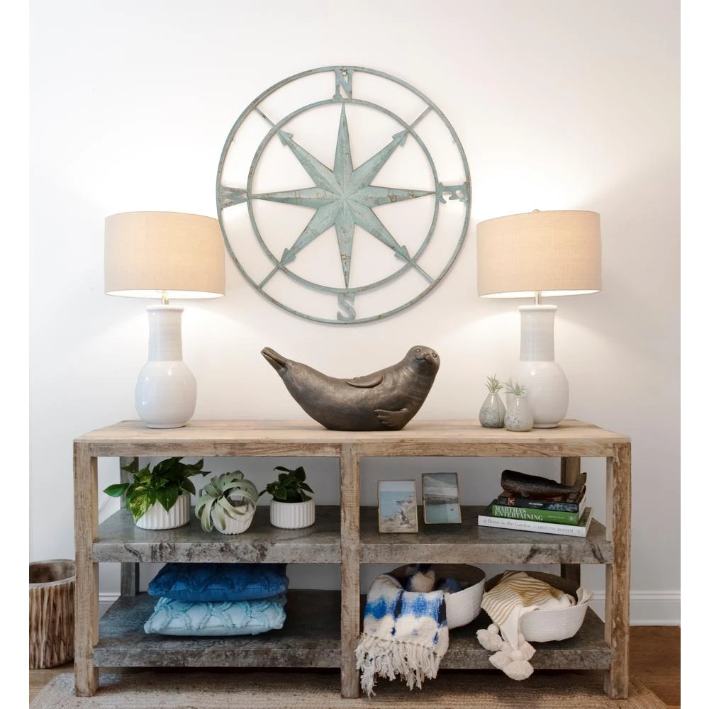 3R Studios 41 In. X 41 In. Distressed Aqua Iron Metal Wall Compass 5 3R Studios 41 In. X 41 In. Distressed Aqua Iron Metal Wall Compass - Image 3
