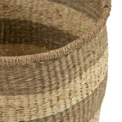 Zentique Rounded Hand Woven Seagrass Striped Large Basket With Handles 9 Zentique Rounded Hand Woven Seagrass Striped Large Basket With Handles -Tool Discount Store beige and brown striped zentique storage baskets zengn b5 l 1f 1000