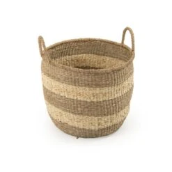 Zentique Rounded Hand Woven Seagrass Striped Large Basket With Handles