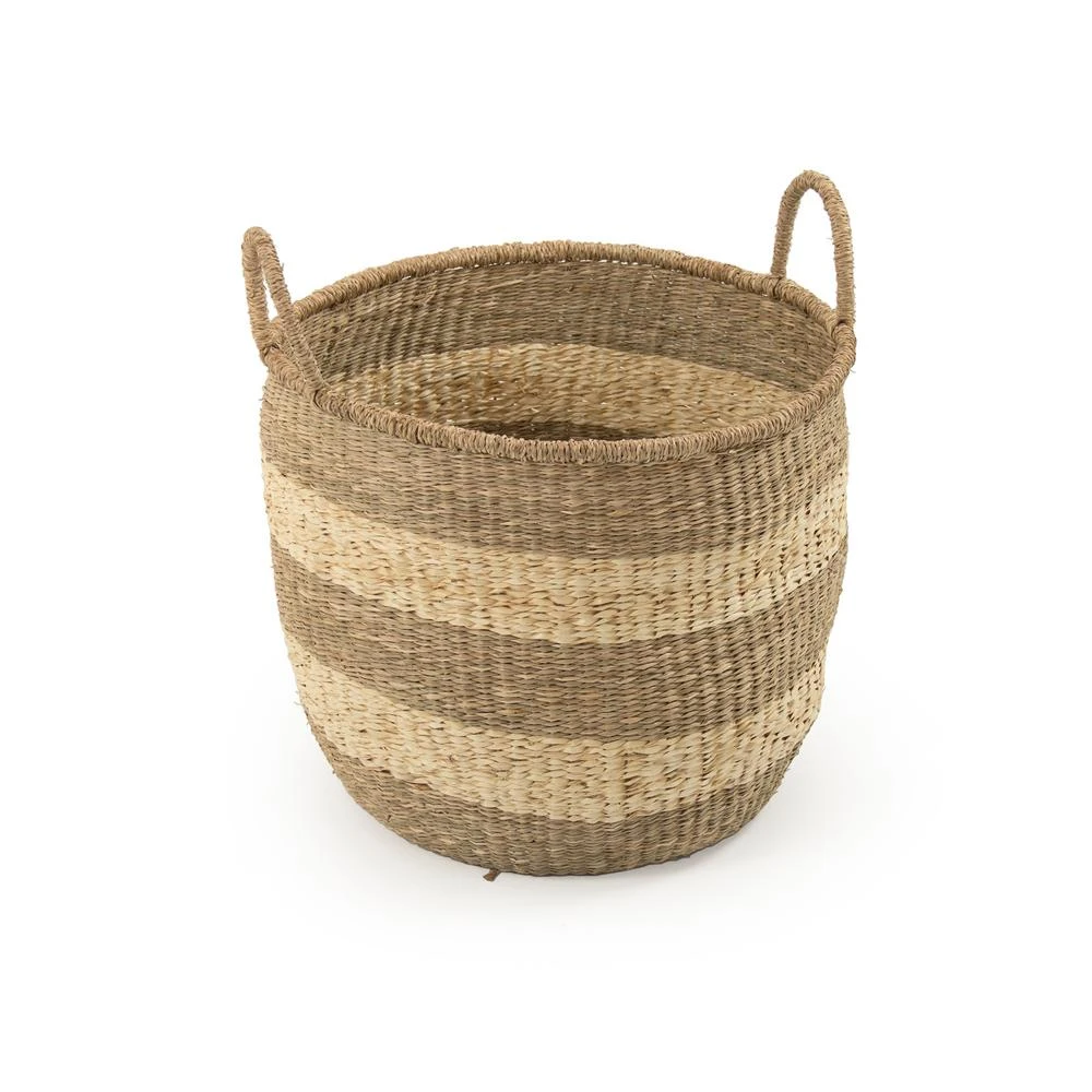 Zentique Rounded Hand Woven Seagrass Striped Large Basket With Handles 3 Zentique Rounded Hand Woven Seagrass Striped Large Basket With Handles
