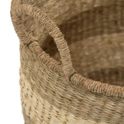 Zentique Rounded Hand Woven Wicker Seagrass Striped Medium Basket With Handles 10 Zentique Rounded Hand Woven Wicker Seagrass Striped Medium Basket With Handles -Tool Discount Store beige and brown striped zentique storage baskets zengn b5 m 1f 1000