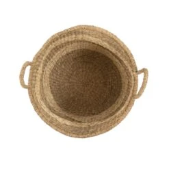Zentique Rounded Hand Woven Wicker Seagrass Striped Medium Basket With Handles 9 Zentique Rounded Hand Woven Wicker Seagrass Striped Medium Basket With Handles -Tool Discount Store beige and brown striped zentique storage baskets zengn b5 m 4f 1000