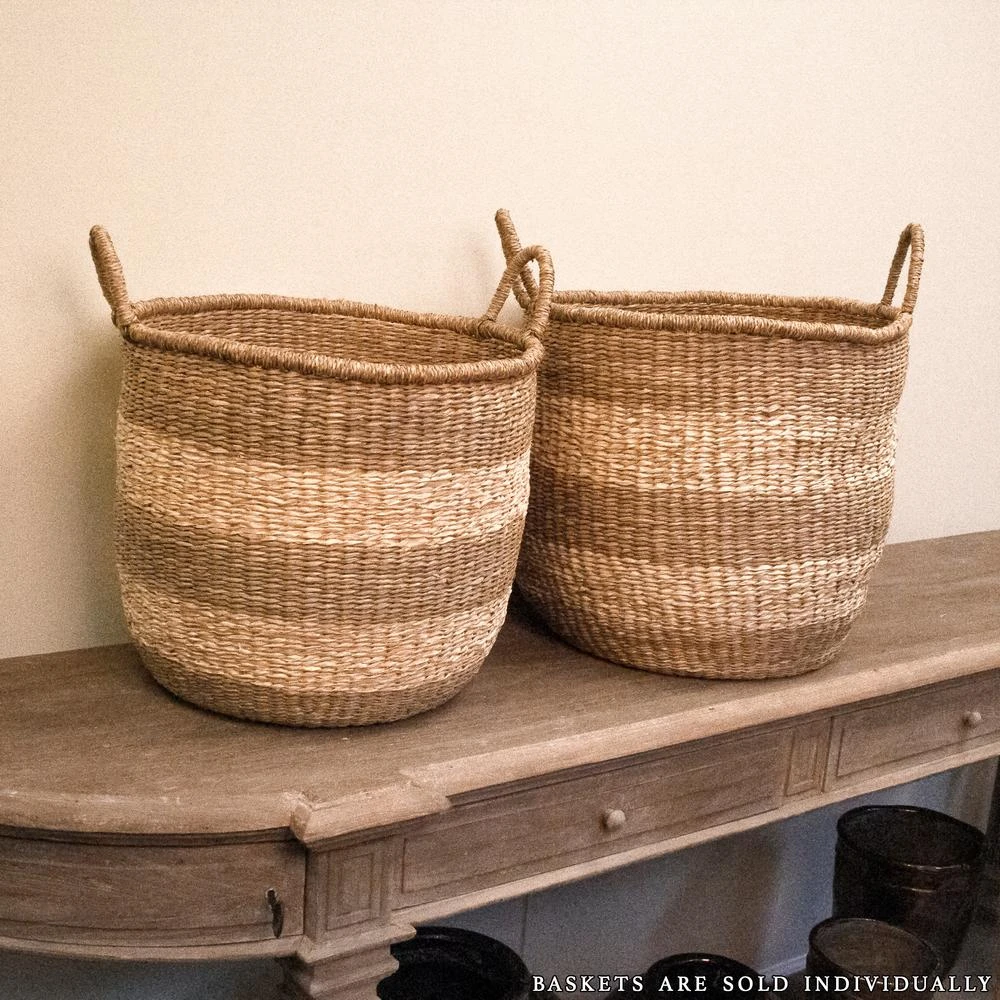 Zentique Rounded Hand Woven Wicker Seagrass Striped Medium Basket With Handles 3 Zentique Rounded Hand Woven Wicker Seagrass Striped Medium Basket With Handles