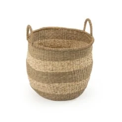Zentique Rounded Hand Woven Wicker Seagrass Striped Medium Basket With Handles 11 Zentique Rounded Hand Woven Wicker Seagrass Striped Medium Basket With Handles -Tool Discount Store beige and brown striped zentique storage baskets zengn b5 m fa 1000