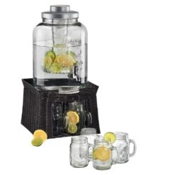 Artland 3 Gal. Masonware Chill And Flavor Beverage Dispenser With Faux Wicker Stand And 6-Mason Jar Mugs With Handles