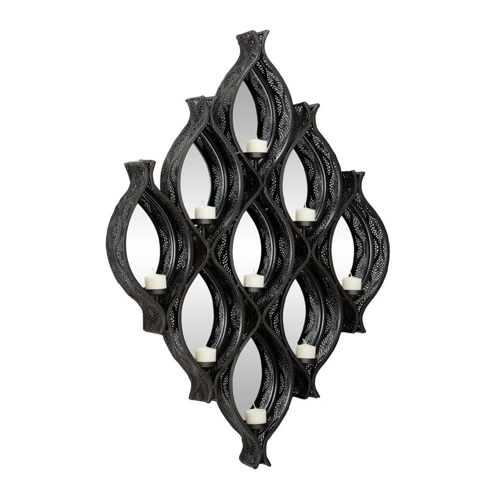 LITTON LANE Eclectic Large Black Diamond Mesh Metal Wall Sconce With Mirrors 4 LITTON LANE Eclectic Large Black Diamond Mesh Metal Wall Sconce With Mirrors - Image 2