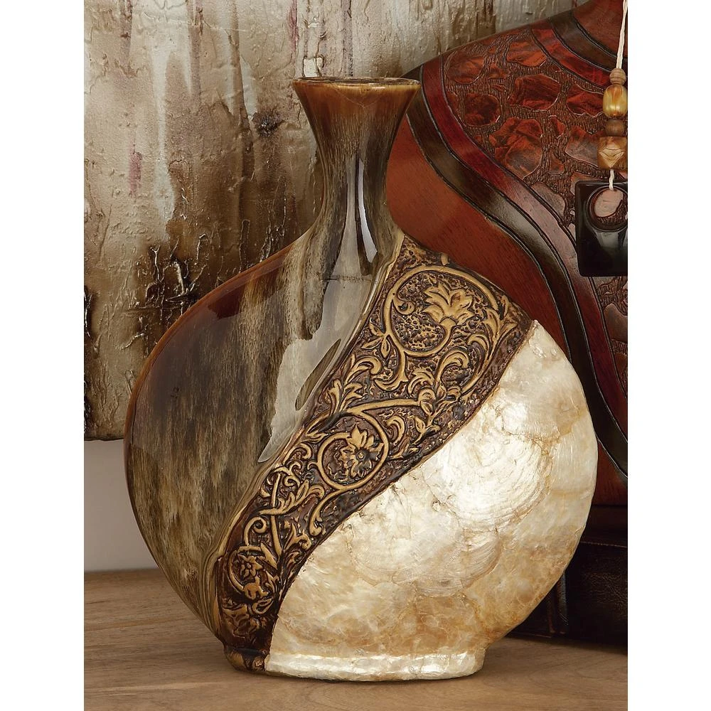 LITTON LANE 14 In. Ceramic And Capiz Urn Decorative Vase In Brown And Gold 10 LITTON LANE 14 In. Ceramic And Capiz Urn Decorative Vase In Brown And Gold - Image 8