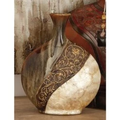 LITTON LANE 14 In. Ceramic And Capiz Urn Decorative Vase In Brown And Gold
