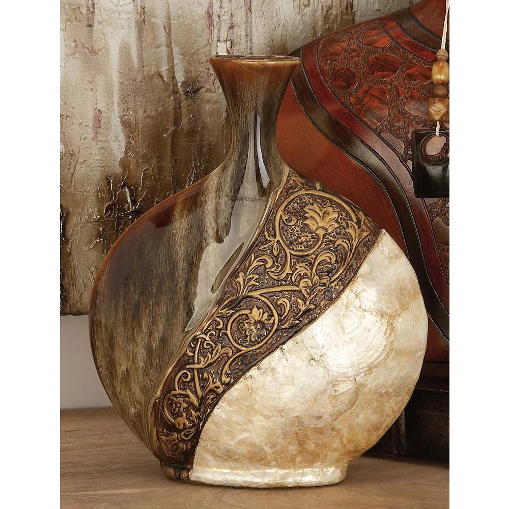 LITTON LANE 14 In. Ceramic And Capiz Urn Decorative Vase In Brown And Gold 3 LITTON LANE 14 In. Ceramic And Capiz Urn Decorative Vase In Brown And Gold