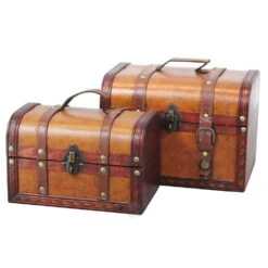 Vintiquewise 9.8 In. X 7 In. X 7 In. Wood Faux Leather Decorative Faux Leather Treasure Boxes, Set Of 2 Sizes