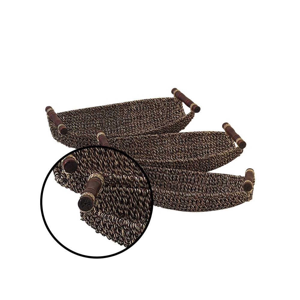 LITTON LANE Dark Brown And Light Brown Tight Braid Seagrass Boat-Shaped Trays With Cherrywood Dowell Handles (Set Of 3) 5 LITTON LANE Dark Brown And Light Brown Tight Braid Seagrass Boat-Shaped Trays With Cherrywood Dowell Handles (Set Of 3) - Image 3