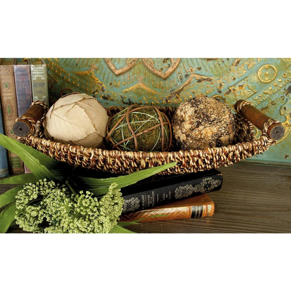 LITTON LANE Dark Brown And Light Brown Tight Braid Seagrass Boat-Shaped Trays With Cherrywood Dowell Handles (Set Of 3) 3 LITTON LANE Dark Brown And Light Brown Tight Braid Seagrass Boat-Shaped Trays With Cherrywood Dowell Handles (Set Of 3)