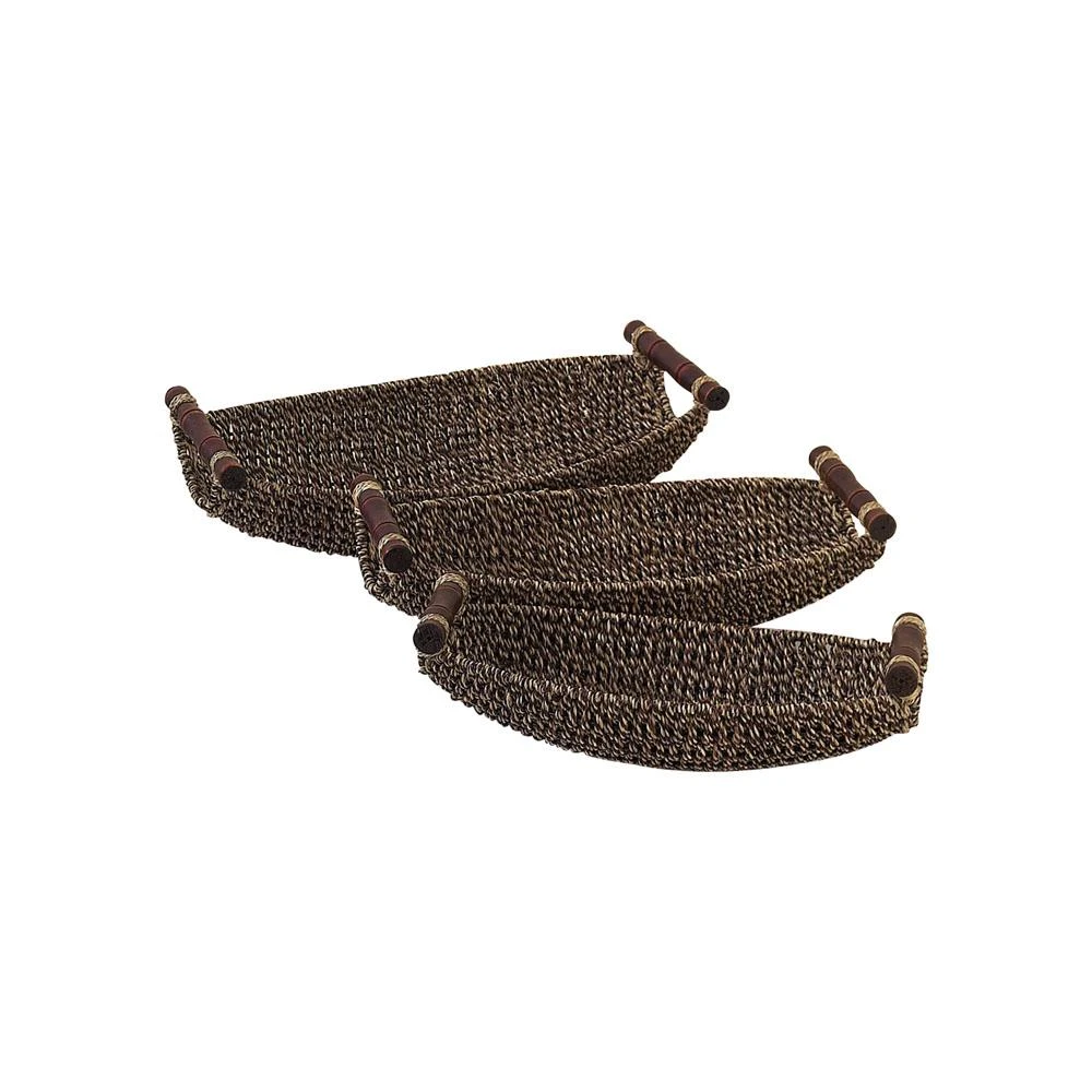 LITTON LANE Dark Brown And Light Brown Tight Braid Seagrass Boat-Shaped Trays With Cherrywood Dowell Handles (Set Of 3) 4 LITTON LANE Dark Brown And Light Brown Tight Braid Seagrass Boat-Shaped Trays With Cherrywood Dowell Handles (Set Of 3) - Image 2