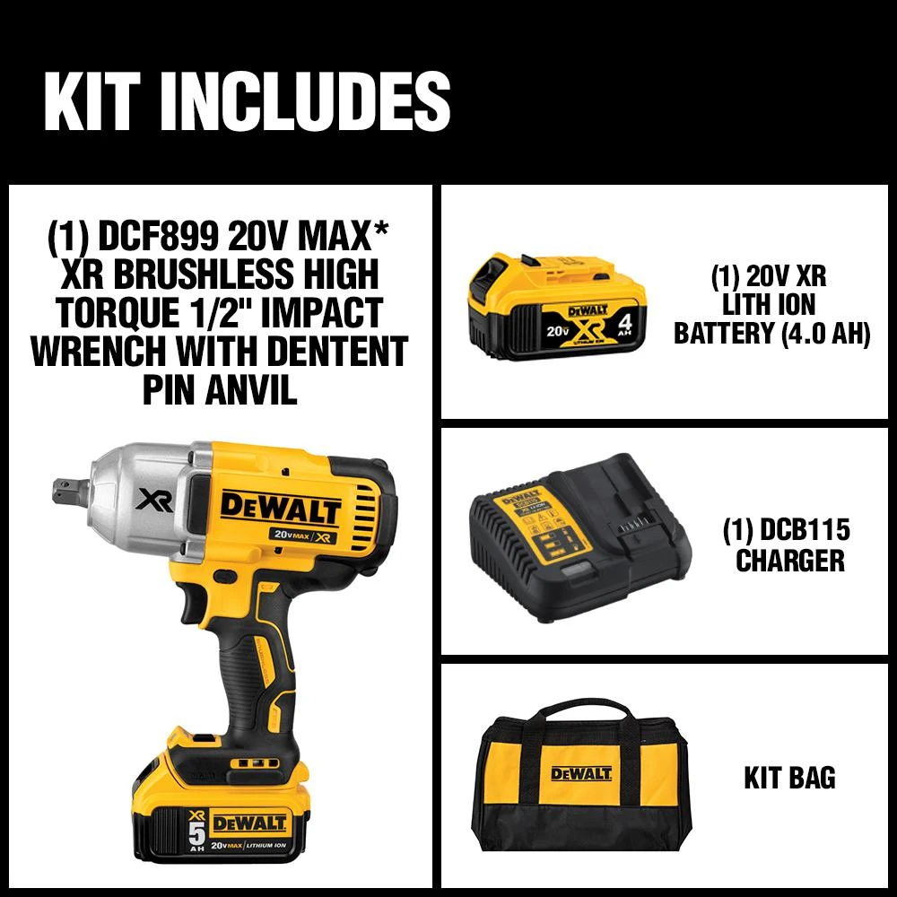 DEWALT 20-Volt MAX XR Cordless Brushless 1/2 In. High Torque Impact Wrench With Detent Pin Anvil, (1) 20-Volt 4.0Ah Battery 4 DEWALT 20-Volt MAX XR Cordless Brushless 1/2 In. High Torque Impact Wrench With Detent Pin Anvil, (1) 20-Volt 4.0Ah Battery - Image 2