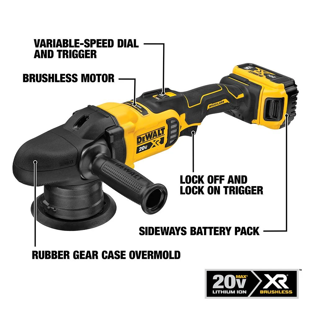 DEWALT 20-Volt MAX XR Cordless Brushless 5 In. Variable Speed Random Orbit Polisher With (2) 20-Volt 5.0Ah Batteries & Charger 4 DEWALT 20-Volt MAX XR Cordless Brushless 5 In. Variable Speed Random Orbit Polisher With (2) 20-Volt 5.0Ah Batteries & Charger - Image 2