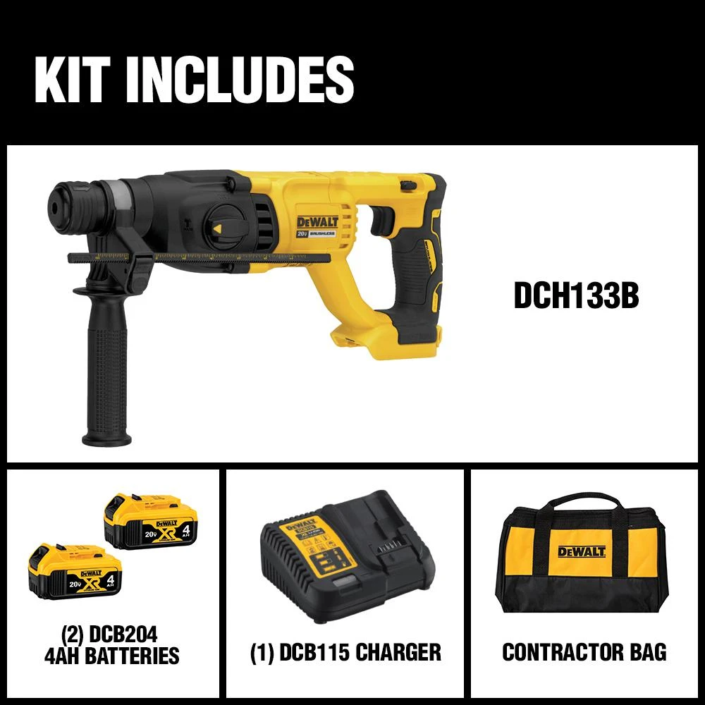DEWALT 20-Volt MAX Cordless Brushless 1 In. SDS Plus D-Handle Concrete & Masonry Rotary Hammer & (2) 20-Volt 4.0Ah Batteries 4 DEWALT 20-Volt MAX Cordless Brushless 1 In. SDS Plus D-Handle Concrete & Masonry Rotary Hammer & (2) 20-Volt 4.0Ah Batteries - Image 2
