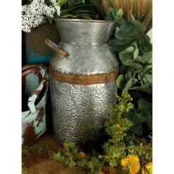 LITTON LANE 14 In. H Gray Galvanized Tin Decorative Milk Can With Rust Band Handles