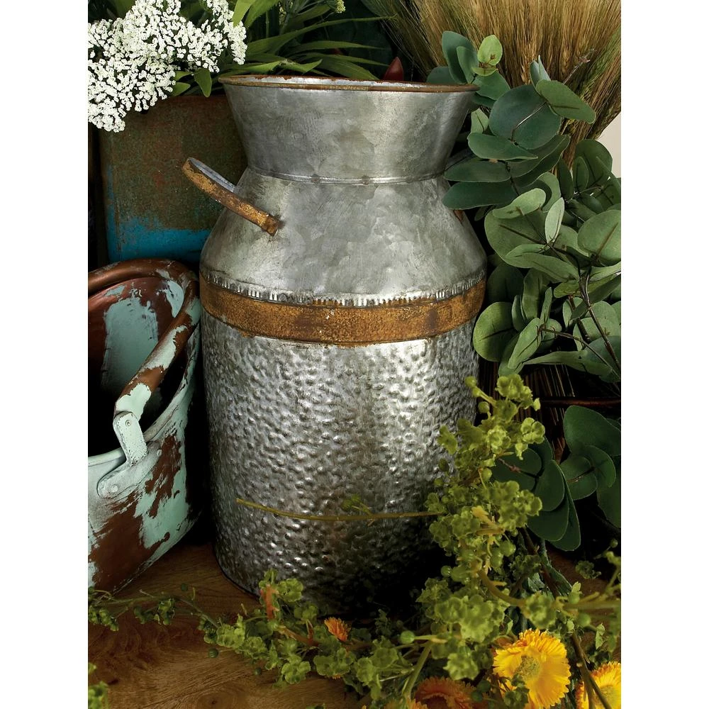 LITTON LANE 14 In. H Gray Galvanized Tin Decorative Milk Can With Rust Band Handles 3 LITTON LANE 14 In. H Gray Galvanized Tin Decorative Milk Can With Rust Band Handles