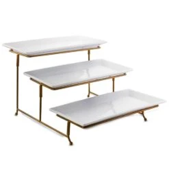 GIBSON Elite Gracious Dining 3-Compartment Plate Set With Gold Metal Stand