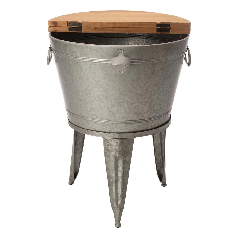 Glitzhome 26.29 In. H Gray Galvanized Beverage Tub With Metal Stand Or Accent Table With Firwood Lid 6 Glitzhome 26.29 In. H Gray Galvanized Beverage Tub With Metal Stand Or Accent Table With Firwood Lid - Image 4