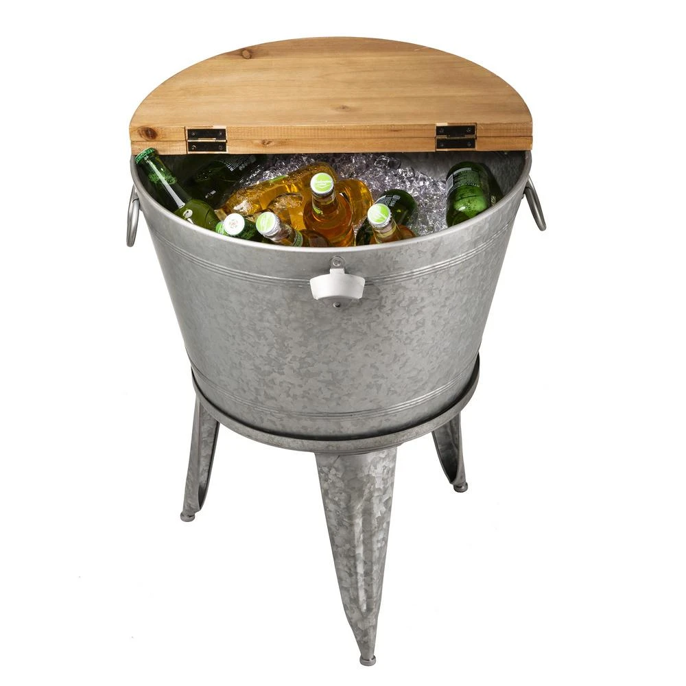 Glitzhome 26.29 In. H Gray Galvanized Beverage Tub With Metal Stand Or Accent Table With Firwood Lid 11 Glitzhome 26.29 In. H Gray Galvanized Beverage Tub With Metal Stand Or Accent Table With Firwood Lid - Image 9
