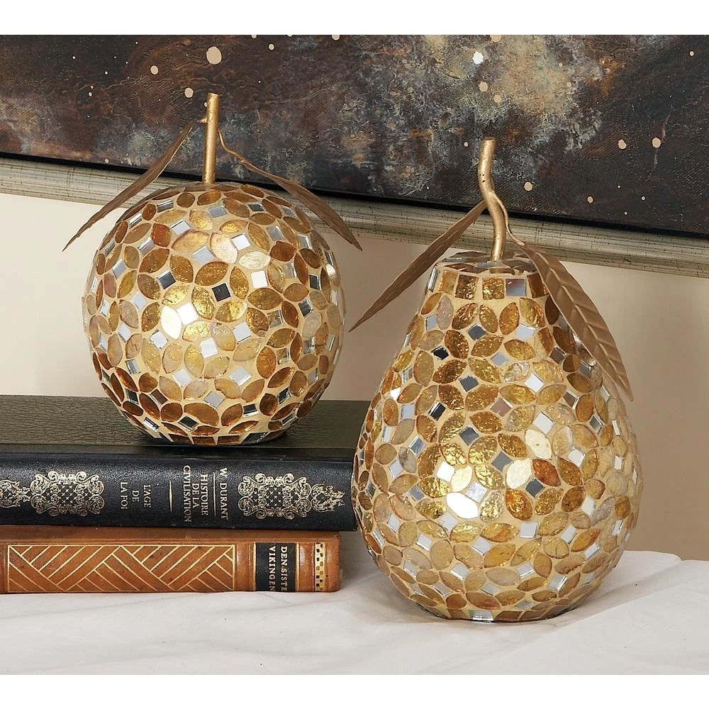 LITTON LANE Gold Iron And Silver Reflective Glass Mosaic Pear And Apple Decor (Set Of 2) 7 LITTON LANE Gold Iron And Silver Reflective Glass Mosaic Pear And Apple Decor (Set Of 2) - Image 5