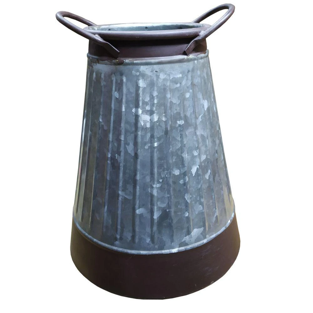Benjara Gray And Brown Galvanized Metal Corrugated Decorative Flower Vase With Curved Side Handles 7 Benjara Gray And Brown Galvanized Metal Corrugated Decorative Flower Vase With Curved Side Handles - Image 5