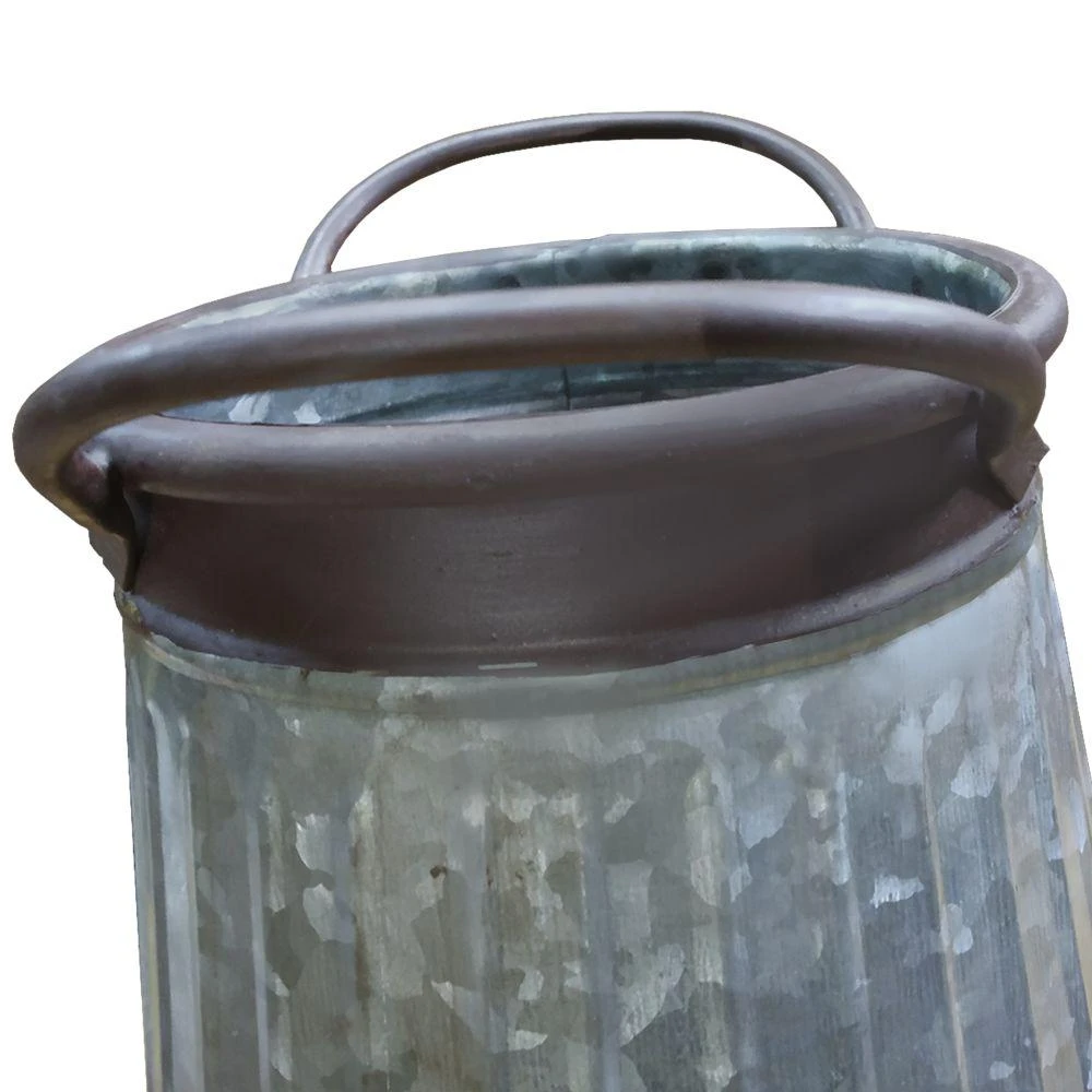 Benjara Gray And Brown Galvanized Metal Corrugated Decorative Flower Vase With Curved Side Handles 5 Benjara Gray And Brown Galvanized Metal Corrugated Decorative Flower Vase With Curved Side Handles - Image 3