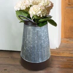 Benjara Gray And Brown Galvanized Metal Corrugated Decorative Flower Vase With Curved Side Handles