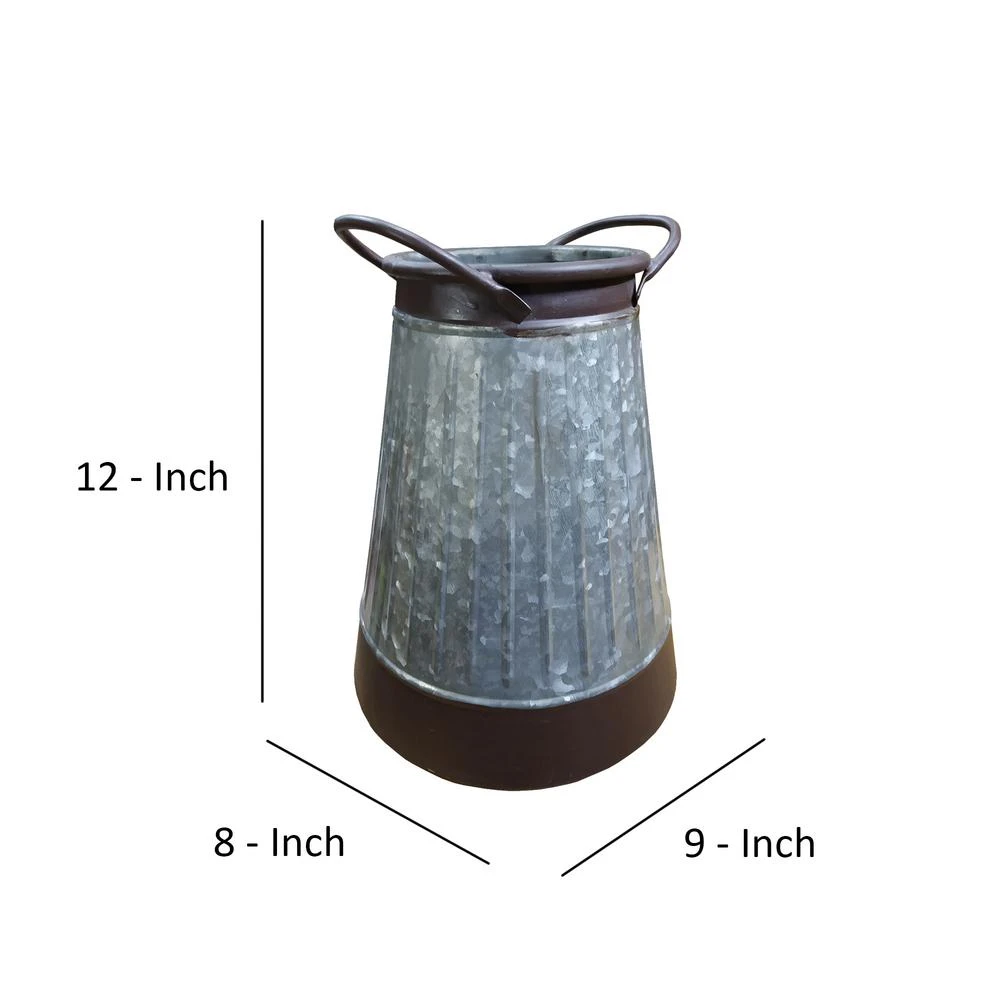 Benjara Gray And Brown Galvanized Metal Corrugated Decorative Flower Vase With Curved Side Handles 9 Benjara Gray And Brown Galvanized Metal Corrugated Decorative Flower Vase With Curved Side Handles - Image 7
