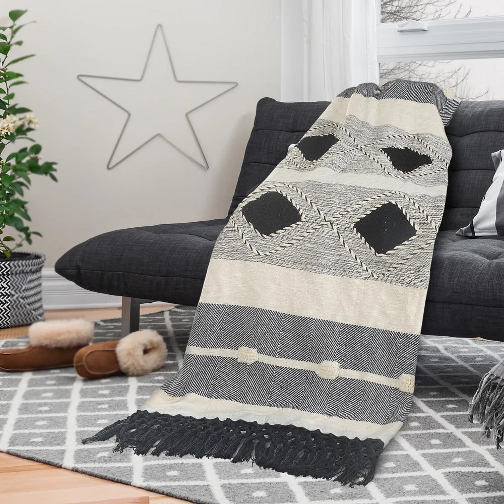 LR Home Symmetry Gray Geometric Cotton Throw Blanket 6 LR Home Symmetry Gray Geometric Cotton Throw Blanket - Image 4