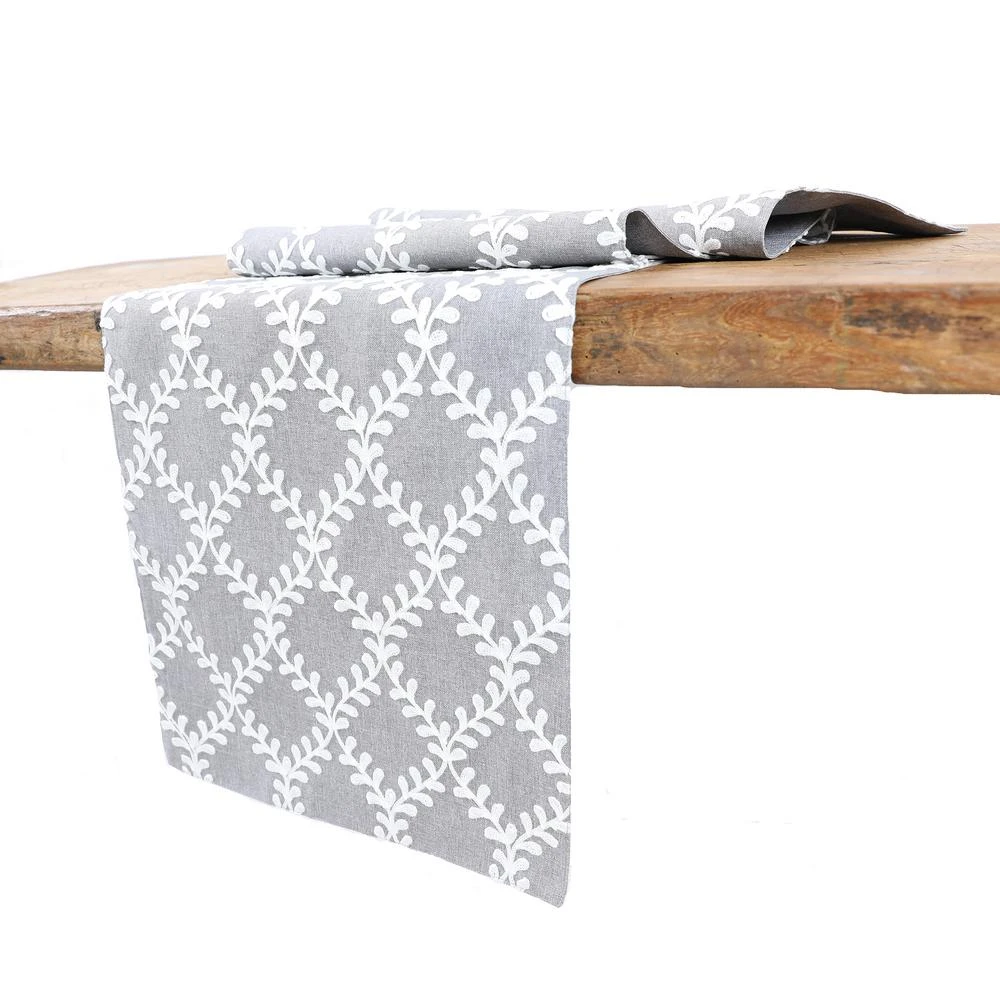 Manor Luxe 15 In. X 90 In. Piluki Leaf Crewel Embroidered Table Runner, Gray 4 Manor Luxe 15 In. X 90 In. Piluki Leaf Crewel Embroidered Table Runner, Gray - Image 2