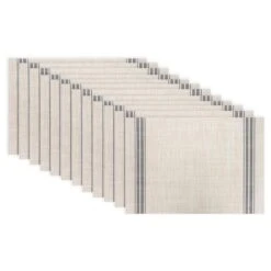 RITZ 19 In. X 13 In. Grey Stripe Chambray Reversible PVC And Polyester Woven Indoor Outdoor Placemats (Set Of 12)