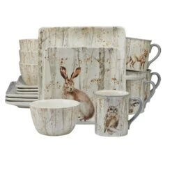 Certified International A Woodland Walk 16-Piece Country/Cottage Grey And Sepia Ceramic Dinnerware Set (Service For 4)