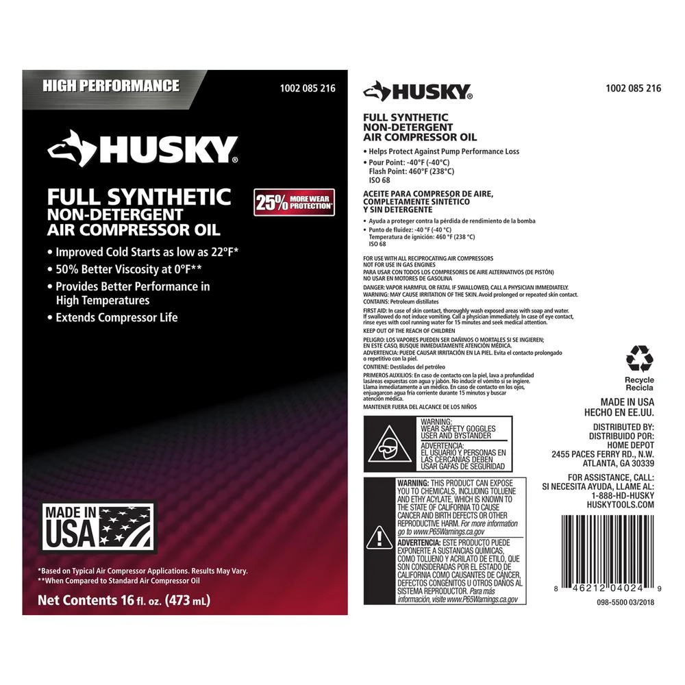 Husky 16 Oz. 100% Full Synthetic Compressor Oil 5 Husky 16 Oz. 100% Full Synthetic Compressor Oil - Image 3
