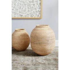 LITTON LANE Large Decorative Handwoven Natural Beige Bamboo Vase