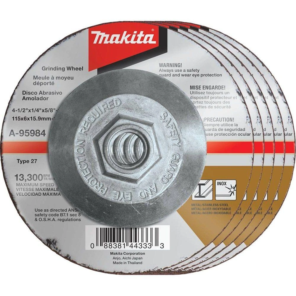 Makita 4-1/2 In. X 1/4 In. X 5/8 In. 36-Grit INOX Grinding Wheel (5-Pack) For Use With 4-1/2 In. Angle Grinders 3 Makita 4-1/2 In. X 1/4 In. X 5/8 In. 36-Grit INOX Grinding Wheel (5-Pack) For Use With 4-1/2 In. Angle Grinders