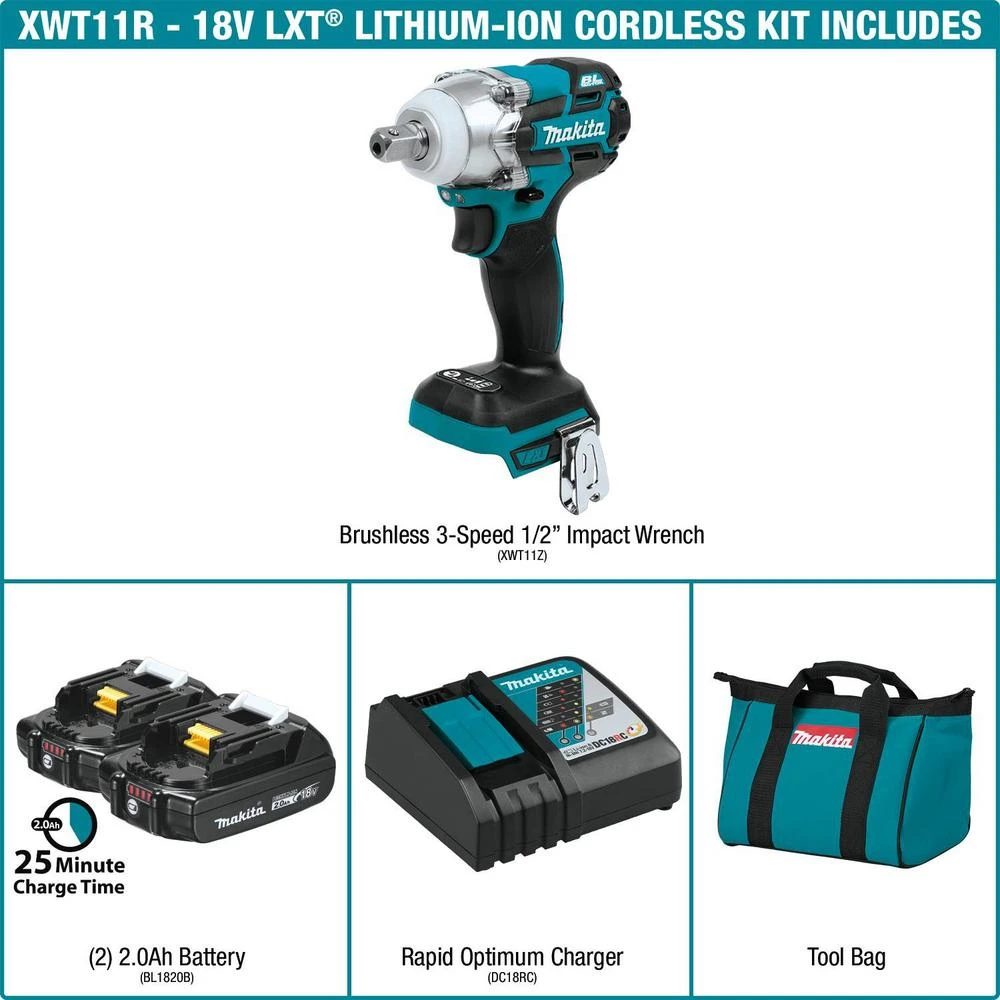 Makita 18-Volt LXT Lithium-Ion Compact Brushless Cordless 1/2 In. 3-Speed Impact Wrench Kit, 2.0Ah 4 Makita 18-Volt LXT Lithium-Ion Compact Brushless Cordless 1/2 In. 3-Speed Impact Wrench Kit, 2.0Ah - Image 2