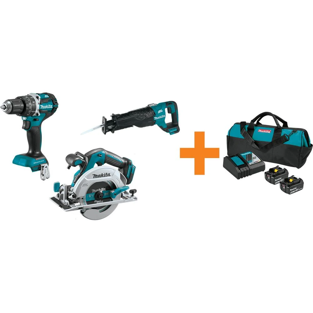 Makita 18V LXT 1/2 In. Brushless Hammer Driver-Drill, 7-1/4 In. Circ Saw And Recipro Saw With Bonus 18V LXT Starter Pack 3 Makita 18V LXT 1/2 In. Brushless Hammer Driver-Drill, 7-1/4 In. Circ Saw And Recipro Saw With Bonus 18V LXT Starter Pack