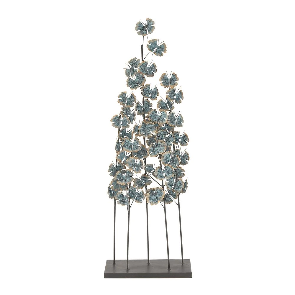LITTON LANE Iron Metal Turquoise Ginkgo Leaves On Straight Stems Sculpture 3 LITTON LANE Iron Metal Turquoise Ginkgo Leaves On Straight Stems Sculpture