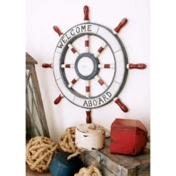 LITTON LANE 23 In. Dia Nautical Welcome Aboard Wooden Ship Wheel