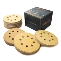 POWERTEC 5 In. A/O Hook And Loop 8-Hole Sanding Disc Assortment Grits In Gold (100-Pack) 7 POWERTEC 5 In. A/O Hook And Loop 8-Hole Sanding Disc Assortment Grits In Gold (100-Pack) -Tool Discount Store powertec power sander accessories 44001xg 100 4f 1000