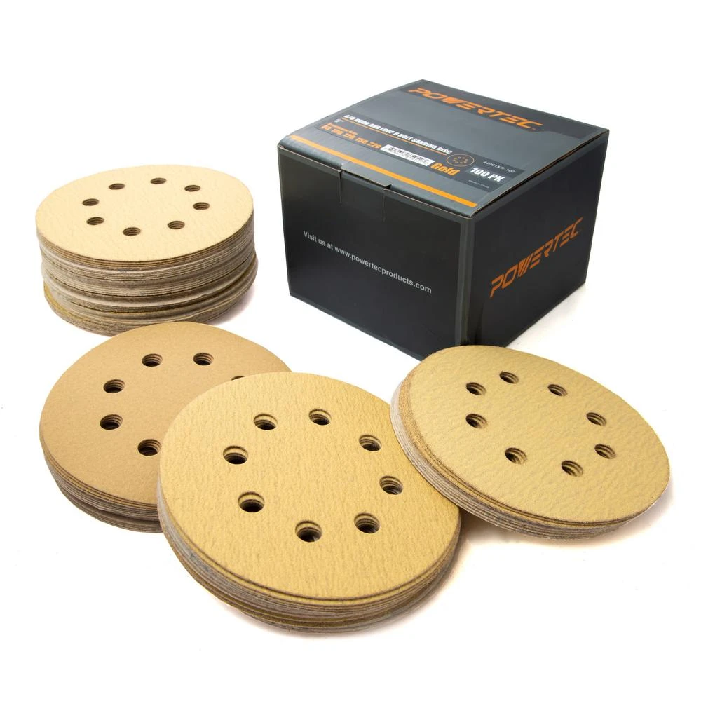 POWERTEC 5 In. A/O Hook And Loop 8-Hole Sanding Disc Assortment Grits In Gold (100-Pack) 5 POWERTEC 5 In. A/O Hook And Loop 8-Hole Sanding Disc Assortment Grits In Gold (100-Pack) - Image 3
