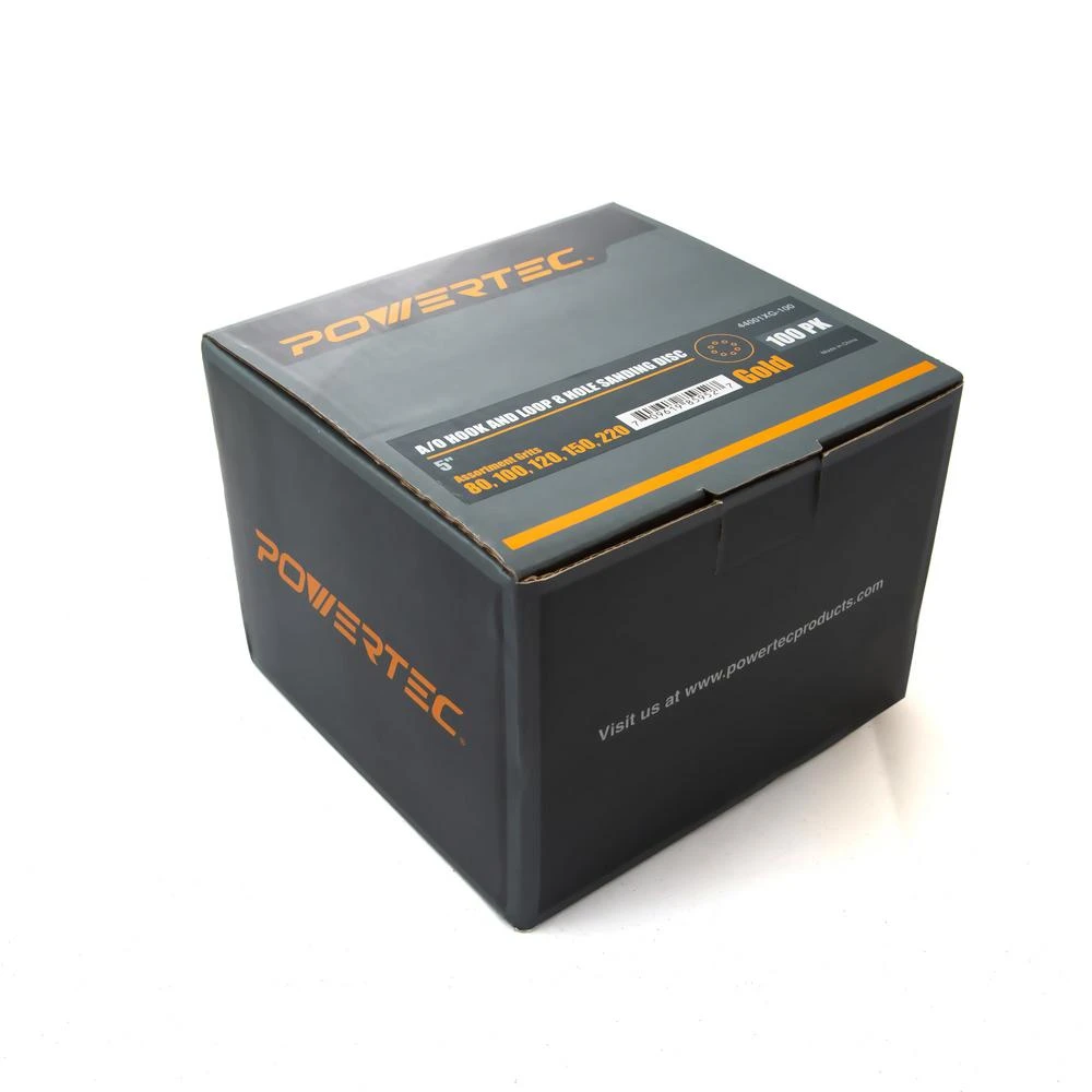 POWERTEC 5 In. A/O Hook And Loop 8-Hole Sanding Disc Assortment Grits In Gold (100-Pack) 4 POWERTEC 5 In. A/O Hook And Loop 8-Hole Sanding Disc Assortment Grits In Gold (100-Pack) - Image 2