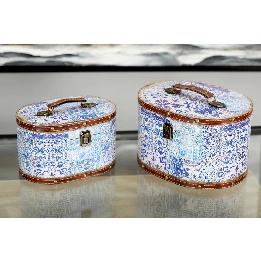 LITTON LANE Oval Wood And Faux Leather Case-Style Boxes With Lid (Set Of 2) 3 LITTON LANE Oval Wood And Faux Leather Case-Style Boxes With Lid (Set Of 2)