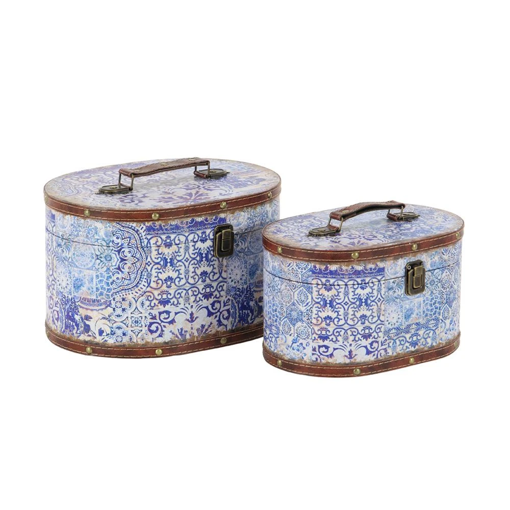 LITTON LANE Oval Wood And Faux Leather Case-Style Boxes With Lid (Set Of 2) 4 LITTON LANE Oval Wood And Faux Leather Case-Style Boxes With Lid (Set Of 2) - Image 2