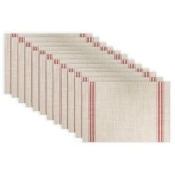 RITZ 19 In. X 13 In. Red Stripe PVC And Polyester Chambray Reversible Woven Indoor Outdoor Placemats (Set Of 12)