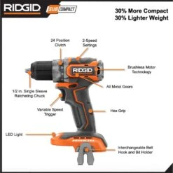 RIDGID 18V SubCompact Li-Ion Brushless 1/2 In. Drill Kit With 3/8 In. Impact Wrench, (2) 2.0 Ah Battery, Charger, And Bag 16 RIDGID 18V SubCompact Li-Ion Brushless 1/2 In. Drill Kit With 3/8 In. Impact Wrench, (2) 2.0 Ah Battery, Charger, And Bag -Tool Discount Store ridgid power drills r8701k r87207b 40 1000