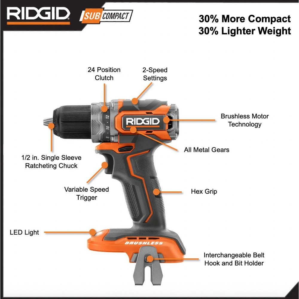 RIDGID 18V SubCompact Li-Ion Brushless 1/2 In. Drill Kit With 3/8 In. Impact Wrench, (2) 2.0 Ah Battery, Charger, And Bag 5 RIDGID 18V SubCompact Li-Ion Brushless 1/2 In. Drill Kit With 3/8 In. Impact Wrench, (2) 2.0 Ah Battery, Charger, And Bag - Image 3